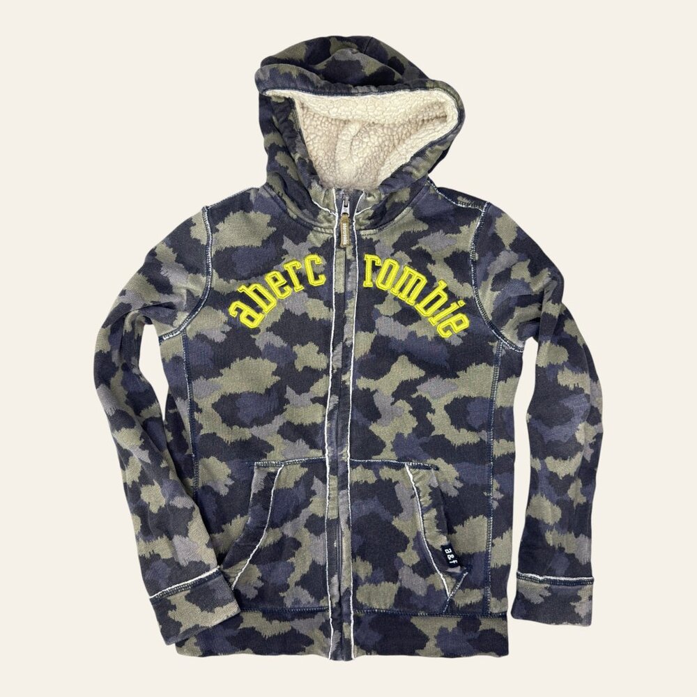 Vintage 2000s Abercrombie Camo Sherpa Lined Zip Hoodie Logo Sz 11/12 Gorpcore
